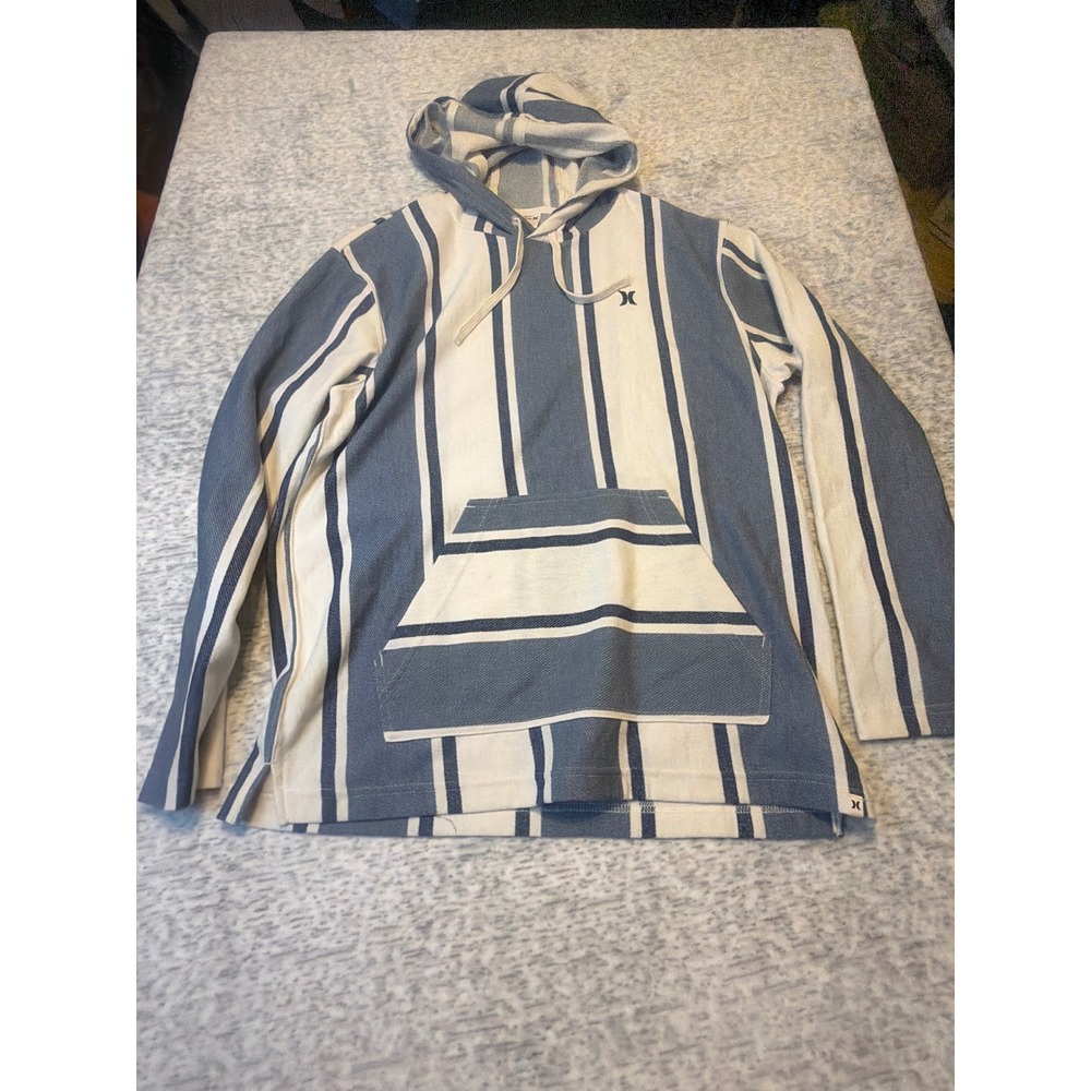 Hurley Striped Hoodie Pullover Poncho Style Mens Size‎ S Blue White Casual NWOT